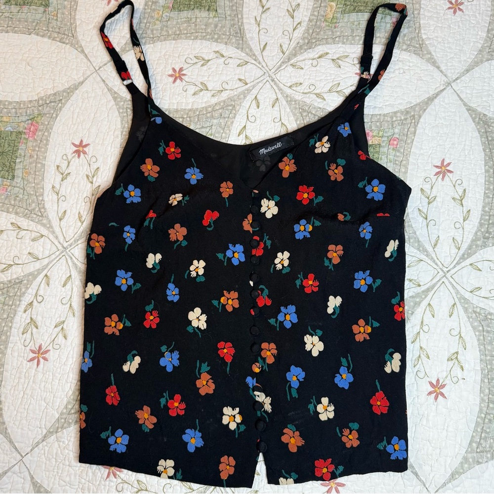Madewell Cami Tank Black Floral Covered Button Front XS S Ditzy Print Whimsical